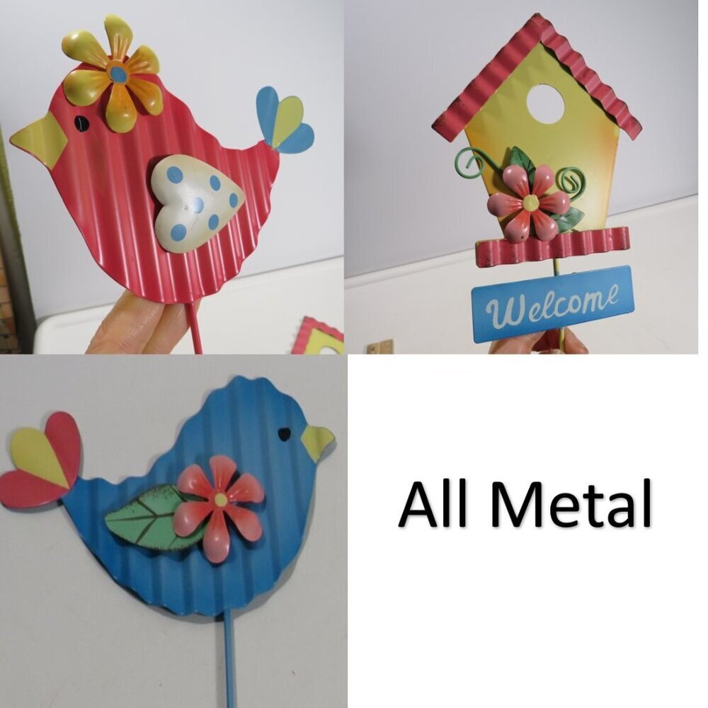 Birdhouse and Mr and Mrs Bird METAL embossed Yard stake 7" tall total